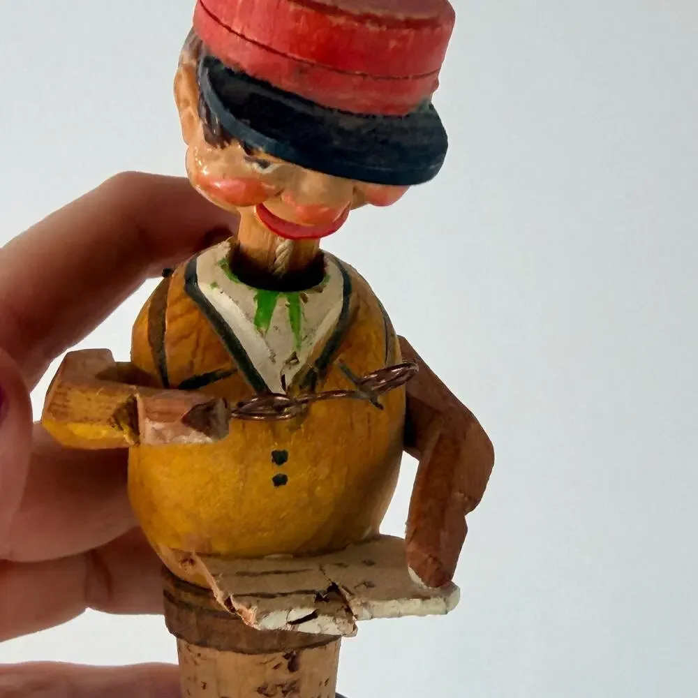 Anri Vintage Mechanical Bottle Stopper Carved Wood Cork‎ Base